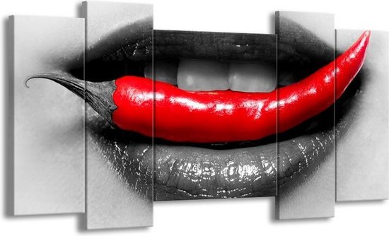 Canvas Schilderij Lippen, Vrouw | Grijs, Rood | | F007240