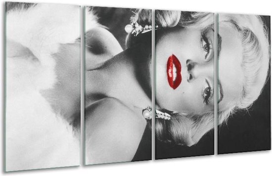 GroepArt - Glasschilderij - Marilyn Monroe - Zwart, Wit, Rood - 160x80cm 4Luik - Foto Op Glas - Geen Acrylglas Schilderij - 6000+ Glasschilderijen Collectie - Wanddecoratie