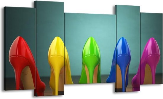 GroepArt - Schilderij - Schoenen, Vrouw - Groen, Blauw, Rood - 120x65cm 5Luik - Foto Op Canvas - GroepArt 6000+ Schilderijen 0p Canvas Art Collectie - Wanddecoratie