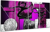 GroepArt - Glasschilderij - Abstract - Paars, Zwart, Wit - 160x80cm 4Luik - Foto Op Glas - Geen Acrylglas Schilderij - 6000+ Glasschilderijen Collectie - Wanddecoratie