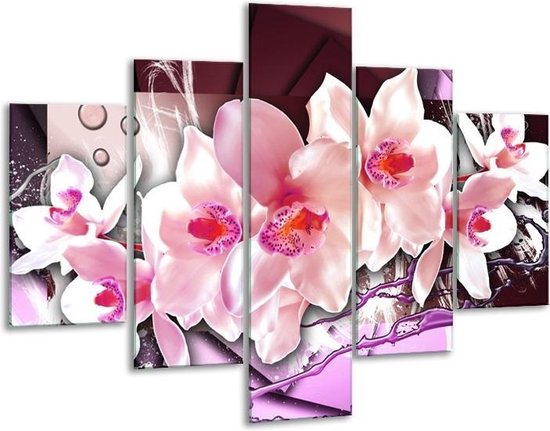 Glasschilderij -  Orchidee - Paars, Roze, Wit - 100x70cm 5Luik - Geen Acrylglas Schilderij - GroepArt 6000+ Glasschilderijen Collectie - Wanddecoratie- Foto Op Glas