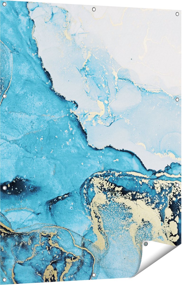 Gards Tuinposter Abstracte Kunst van Blauwe Marmer met Goud - 90x120 cm - Tuindoek - Tuindecoratie - Wanddecoratie buiten - Tuinschilderij Multikleur