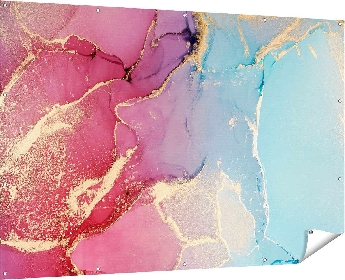 Gards Tuinposter Abstracte Kunst van Marmer - Roze met Blauw - 180x120 cm - Tuindoek - Tuindecoratie - Wanddecoratie buiten - Tuinschilderij Multikleur