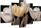 Glasschilderij Tulpen - Geel, Wit, Zwart - 170x100cm 5Luik - Foto Op Glas - Geen Acrylglas Schilderij - 6000+ Glasschilderijen Collectie - Wanddecoratie