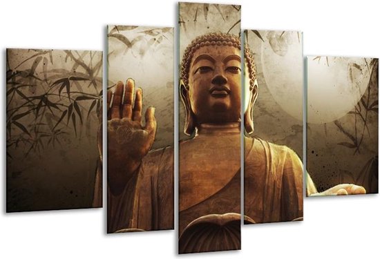 Glasschilderij Boeddha - Bruin, Grijs, Wit - 170x100cm 5Luik - Foto Op Glas - Geen Acrylglas Schilderij - 6000+ Glasschilderijen Collectie - Wanddecoratie