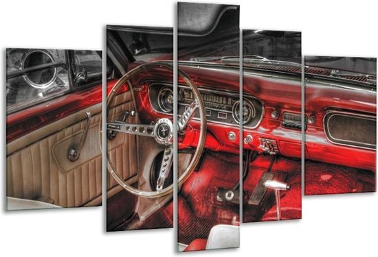 Glasschilderij Mustang - Rood, Zwart - 170x100cm 5Luik - Foto Op Glas - Geen Acrylglas Schilderij - 6000+ Glasschilderijen Collectie - Wanddecoratie