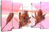 GroepArt - Canvas Schilderij - Bloem - Roze, Paars, Wit - 150x80cm 5Luik- Groot Collectie Schilderijen Op Canvas En Wanddecoraties