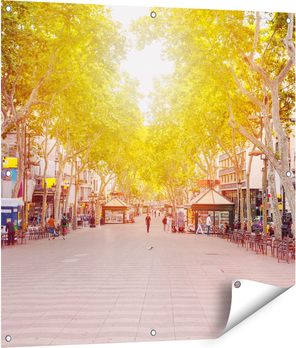Gards Tuinposter De Ramblas Straat in Barcelona - 90x90 cm - Tuindoek - Tuindecoratie - Wanddecoratie buiten - Tuinschilderij Multikleur