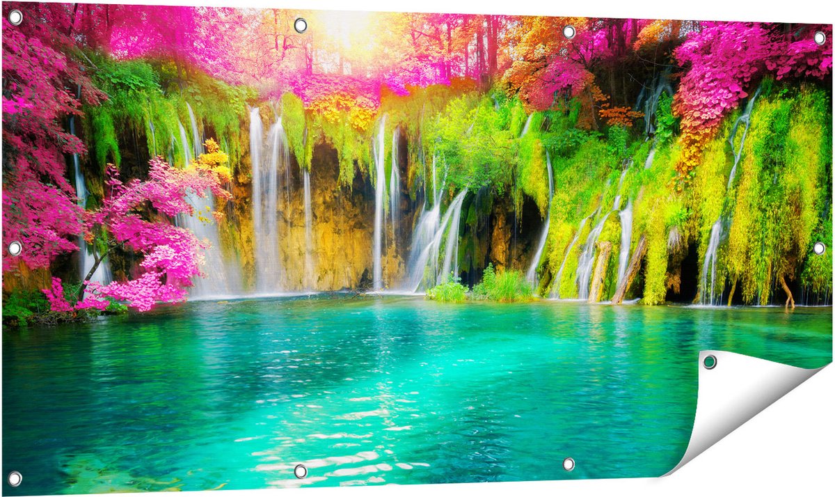 Gards Tuinposter Waterval met Roze en Groene Bloemen - 120x60 cm - Tuindoek - Tuindecoratie - Wanddecoratie buiten - Tuinschilderij Multikleur
