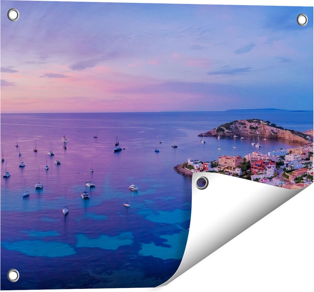 Gards Tuinposter Ibiza met Boten op het Water bij Zonsopgang - 50x40 cm - Tuindoek - Tuindecoratie - Wanddecoratie buiten - Tuinschilderij Multikleur