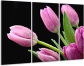 GroepArt - Schilderij -  Tulpen - Roze, Zwart, Groen - 120x80cm 3Luik - 6000+ Schilderijen 0p Canvas Art Collectie