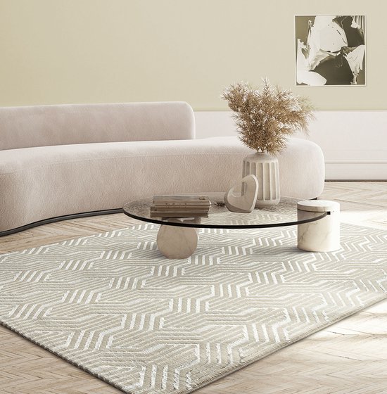 the carpet Vloerkleed Mila modern tapijt woonkamer, elegant glanzend kortpolig woonkamer tapijt in crème met geometrisch patroon, tapijt 80 x 150 cm