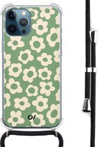 Casevibes - Telefoonhoesje met koord - Geschikt voor Apple iPhone 12 - Retro Cute Flowers - Groen - Bloemen
