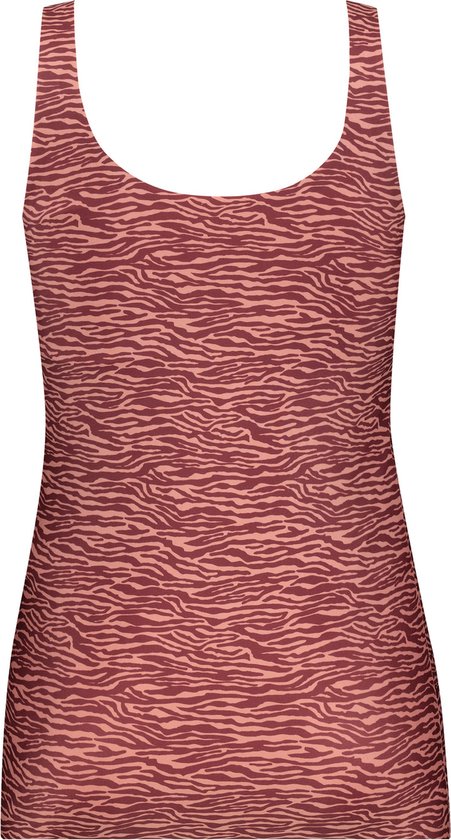 Koraalrode singeltop met een bruin dierenpatroon, vergelijkbaar met zebraprint.