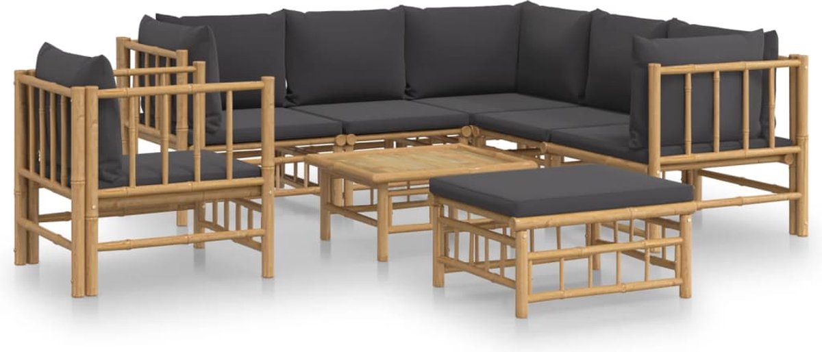 vidaXL 8-delige - Loungeset - met - kussens - bamboe - donkergrijs