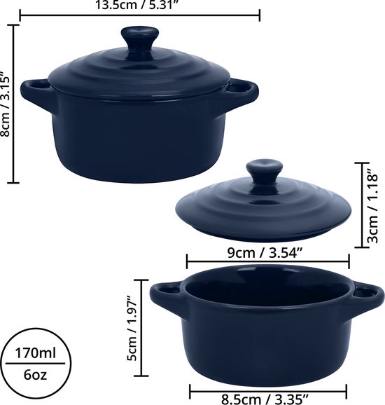 Belle Vous Mini-braadpan, afzonderlijke pannetjes voor oven, van keramiek, met deksel (4 stuks), 170 ml, kleine ronde braadpan, marineblauw, met deksel en handgrepen voor soufflé, crème brulée en