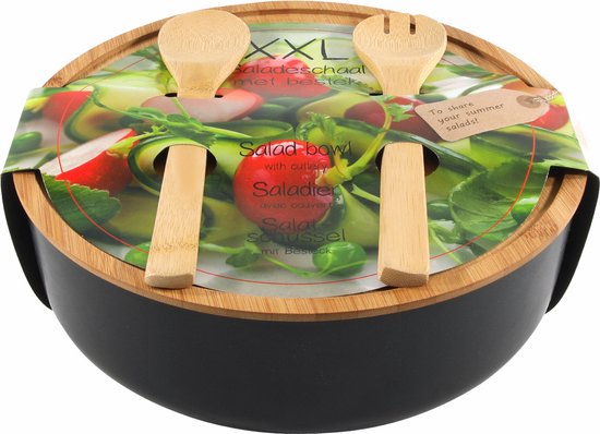 Saladier XL avec couverts - Noir - ⌀ 30 CM - Salade - Bol - Ustensiles de cuisine - Salade