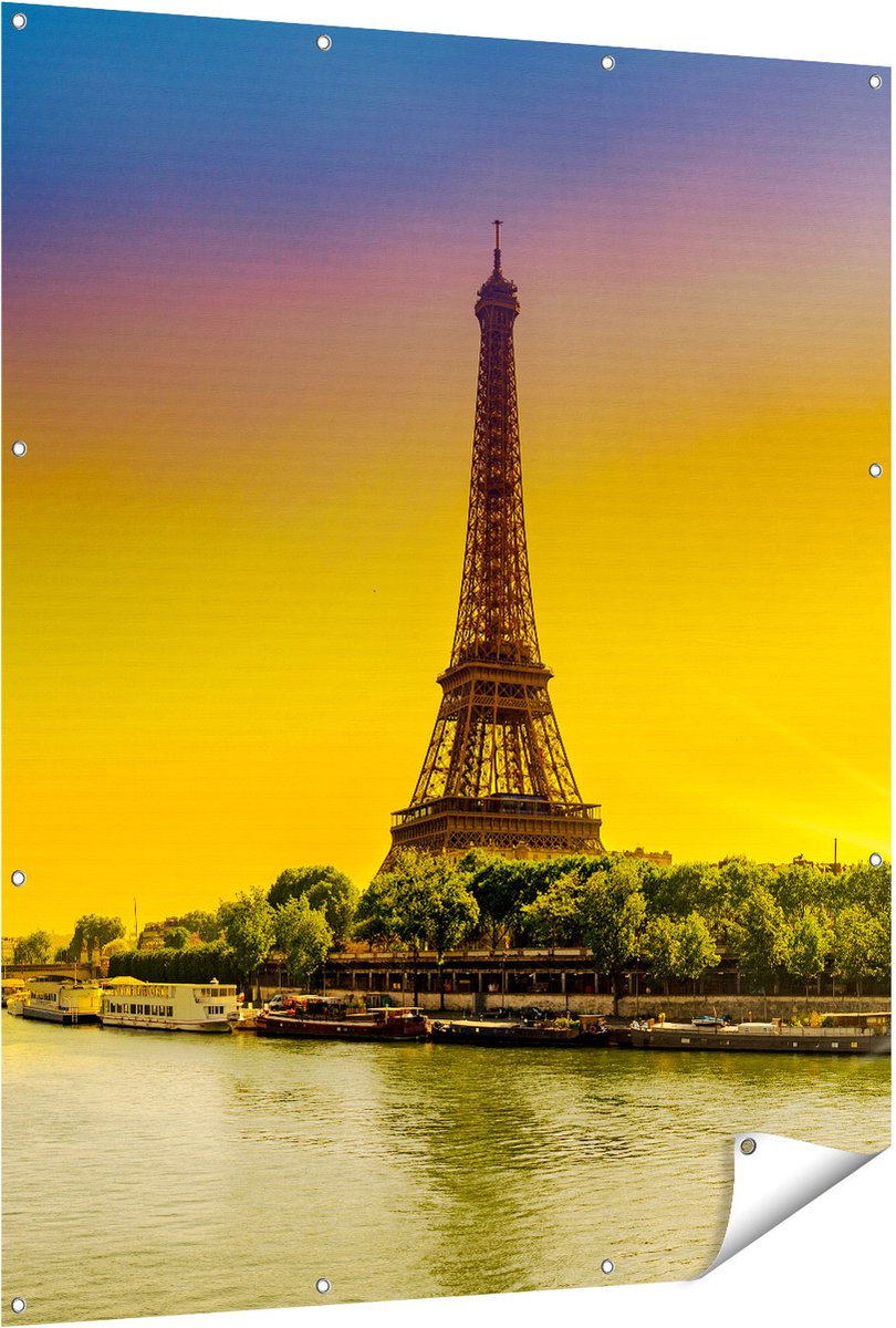 Gards Tuinposter Eiffeltoren in Parijs tijdens Zonsopgang - 120x150 cm - Tuindoek - Tuindecoratie - Wanddecoratie buiten - Tuinschilderij Multikleur