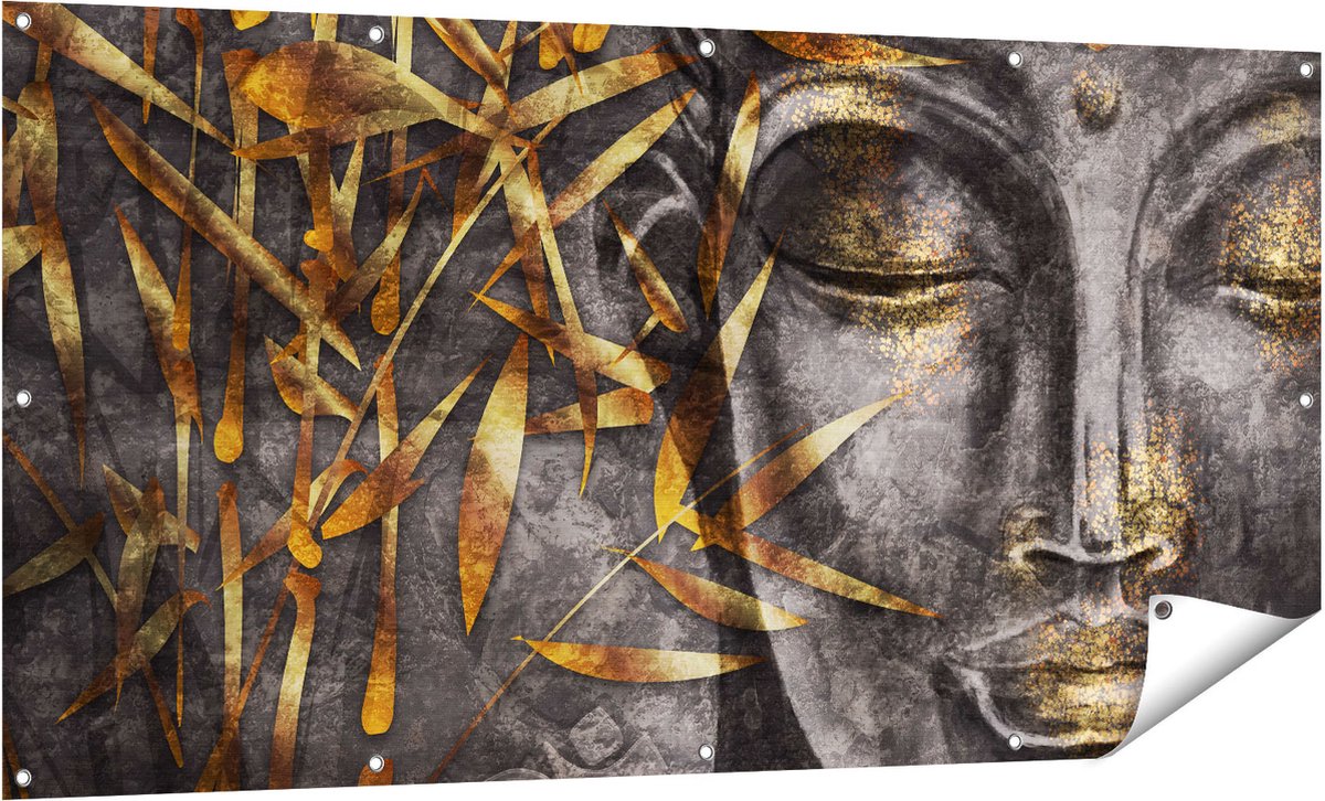 Gards Tuinposter Gouden Boeddha van Aquarel - Abstract - 160x80 cm - Tuindoek - Tuindecoratie - Wanddecoratie buiten - Tuinschilderij Multikleur