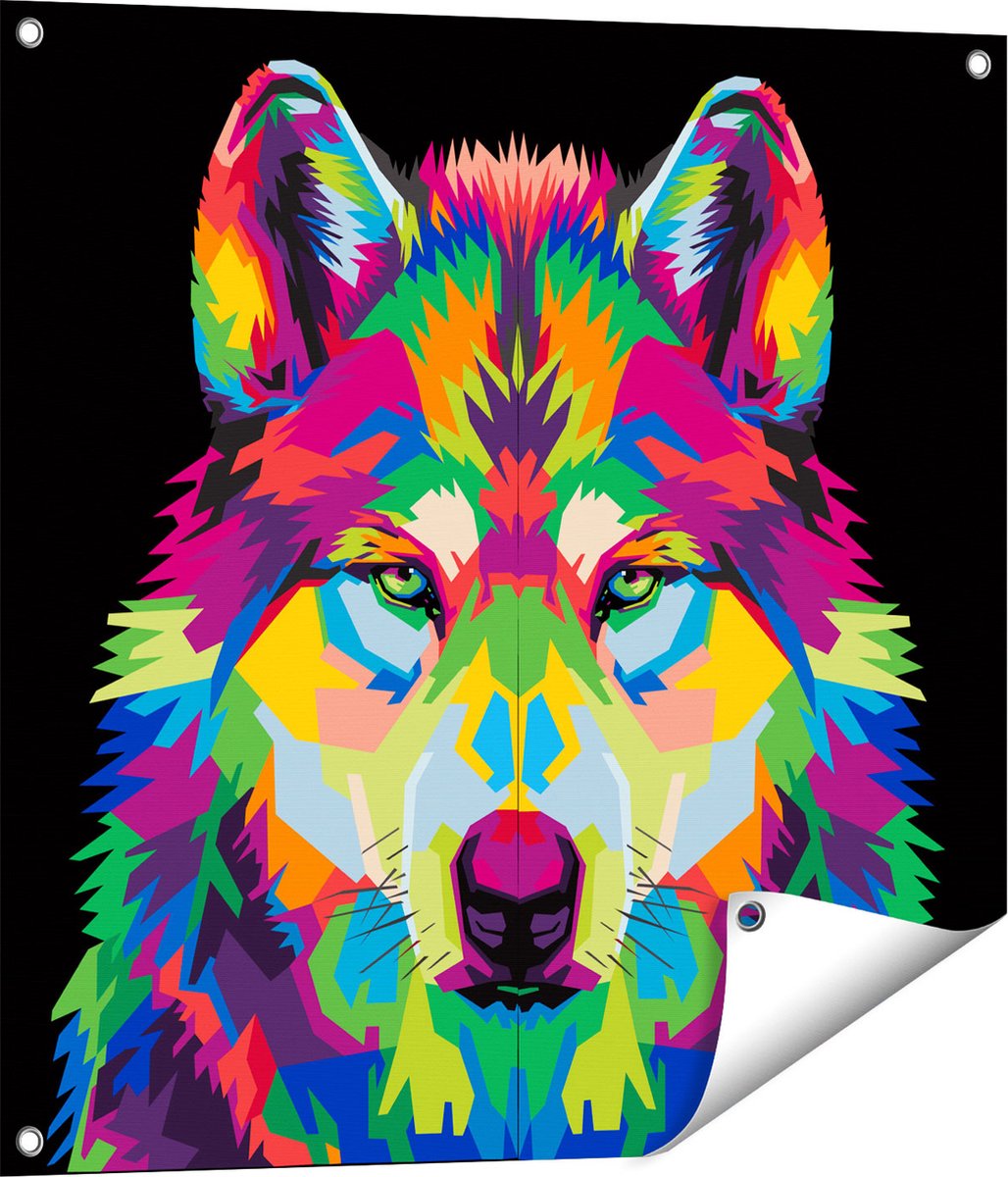 Gards Tuinposter Gekleurde Wolvenkop - Wolf - Abstract - 70x70 cm - Tuindoek - Tuindecoratie - Wanddecoratie buiten - Tuinschilderij Multikleur