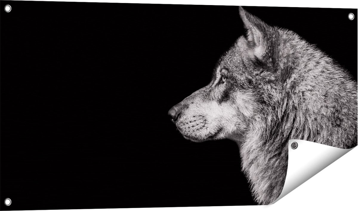 Gards Tuinposter Wolvenkop - Wolf - Zwart Wit - 100x50 cm - Tuindoek - Tuindecoratie - Wanddecoratie buiten - Tuinschilderij Multikleur