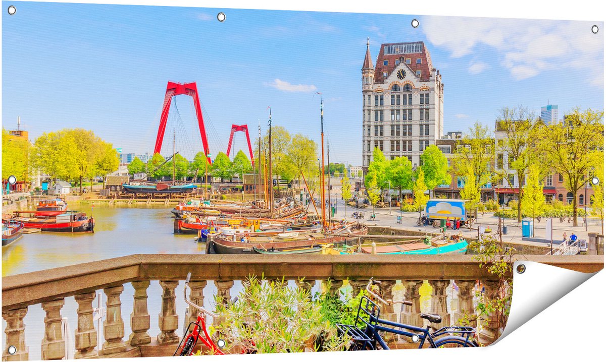 Gards Tuinposter Kleurrijke Oude Haven in Rotterdam - 140x70 cm - Tuindoek - Tuindecoratie - Wanddecoratie buiten - Tuinschilderij Multikleur