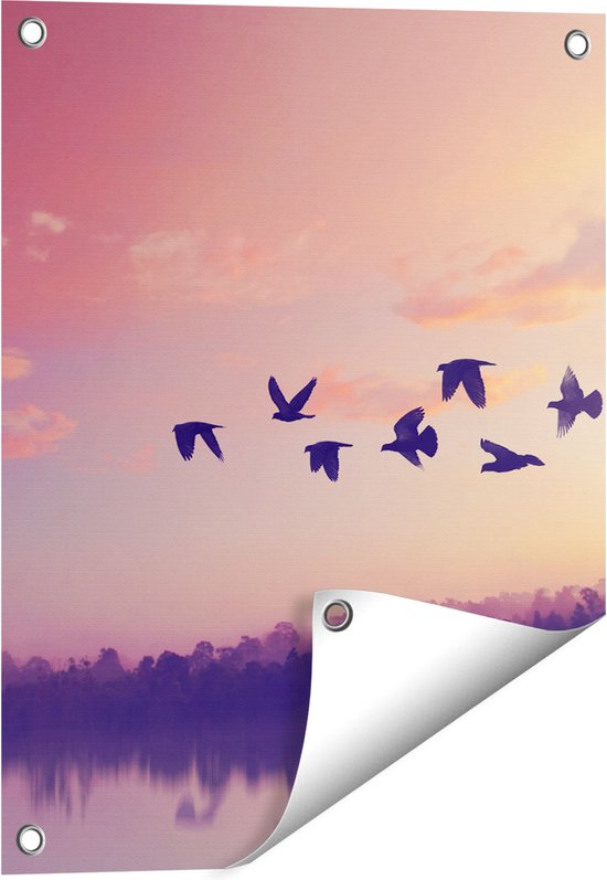 Gards Tuinposter Silhouet Vogels tijdens Zonsondergang - 40x50 cm - Tuindoek - Tuindecoratie - Wanddecoratie buiten - Tuinschilderij