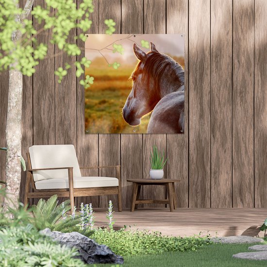Affiche de jardin Gards Cheval dans le pré au coucher du soleil - 90x90 cm - Toile de jardin - Décoration de jardin - Décoration murale extérieur - Tableau de jardin