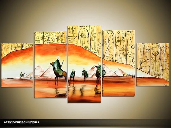 Schilderij -  Egypte - Oranje, Geel - 150x70cm 5Luik - GroepArt - Handgeschilderd Schilderij - Canvas Schilderij - Wanddecoratie - Woonkamer - Slaapkamer - Geschilderd Door Onze Kunstenaars 2000+Collectie Maatwerk Mogelijk