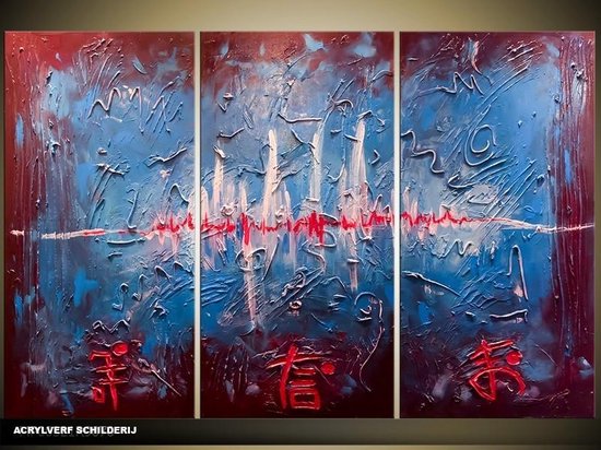 Schilderij -  Modern - Blauw, Rood - 120x80cm 3Luik - GroepArt - Handgeschilderd Schilderij - Canvas Schilderij - Wanddecoratie - Woonkamer - Slaapkamer - Geschilderd Door Onze Kunstenaars 2000+Collectie Maatwerk Mogelijk