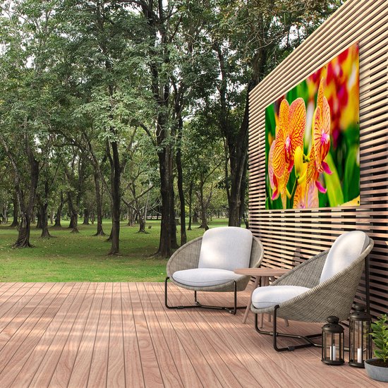 Gards Affiche de jardin Fleurs d'orchidées rouges jaunes - 200x100 cm - Toile jardin - Décoration de jardin - Décoration murale extérieur - Tableau jardin