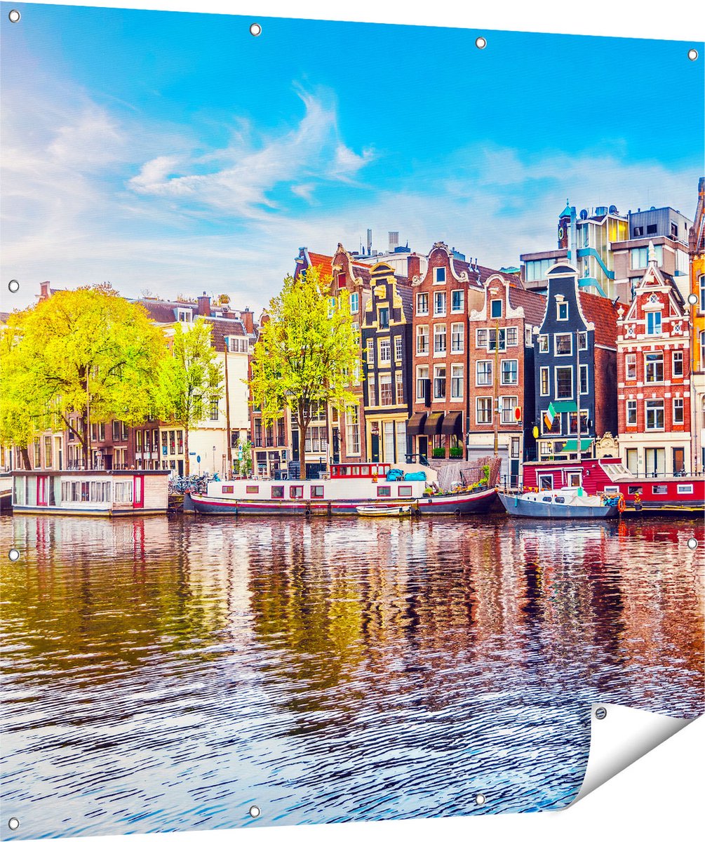 Gards Tuinposter Amsterdamse Huisjes aan het Water - 120x120 cm - Tuindoek - Tuindecoratie - Wanddecoratie buiten - Tuinschilderij Multikleur