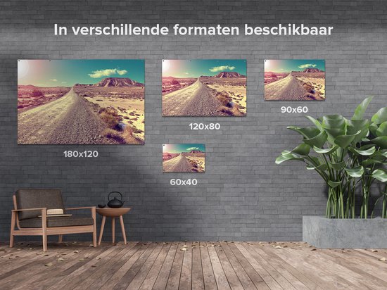 Gards Tuinposter Pad in het Woestijn Landschap met de Zon - 120x80 cm - Tuindoek - Tuindecoratie - Wanddecoratie buiten - Tuinschilderij