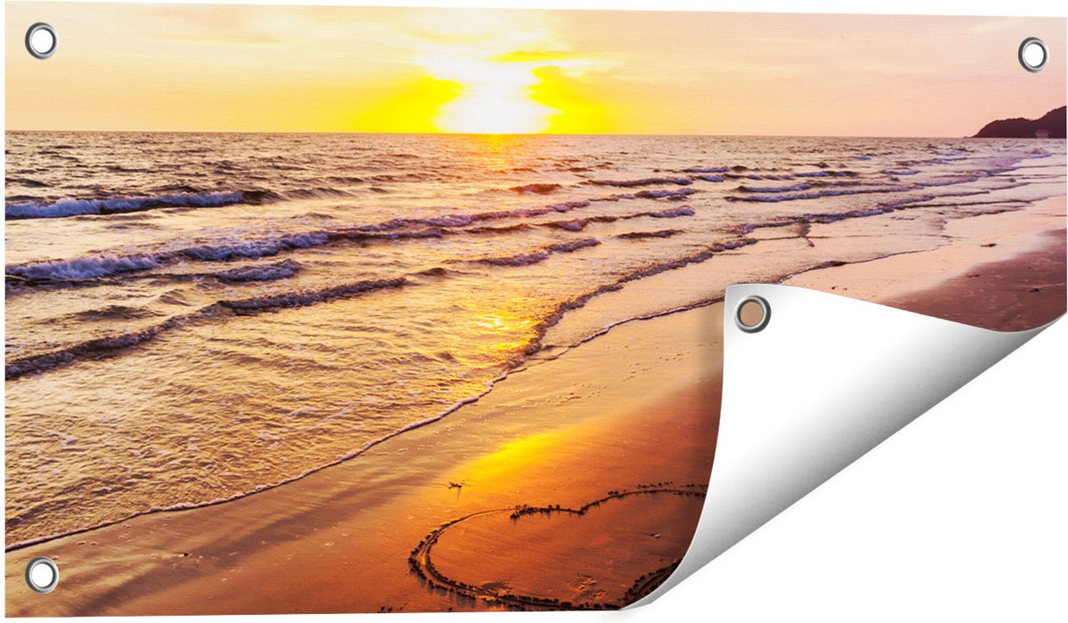 Gards Tuinposter Zonsondergang op het Strand met een Hartje - 60x30 cm - Tuindoek - Tuindecoratie - Wanddecoratie buiten - Tuinschilderij Multikleur