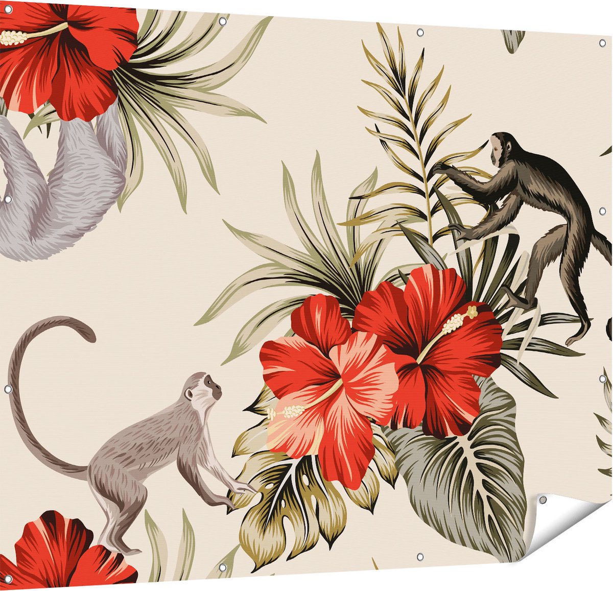 Gards Tuinposter Tropische Bloemen met Apen Achtergrond - 150x120 cm - Tuindoek - Tuindecoratie - Wanddecoratie buiten - Tuinschilderij Multikleur