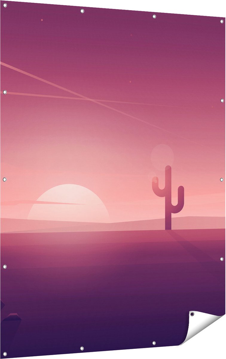 Gards Tuinposter Zonsondergang in de Woestijn met een Cactus - 120x160 cm - Tuindoek - Tuindecoratie - Wanddecoratie buiten - Tuinschilderij Multikleur