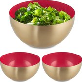 Relaxdays 3x saladeschaal - 2 liter - rood-goud - serveerschaal - rond - mengkom - rvs