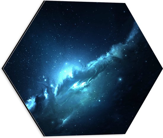 Dibond Hexagon - Blauwe Lichtflitsen tussen Sterrenhemel - 40x34.8 cm Foto op Hexagon (Met Ophangsysteem)