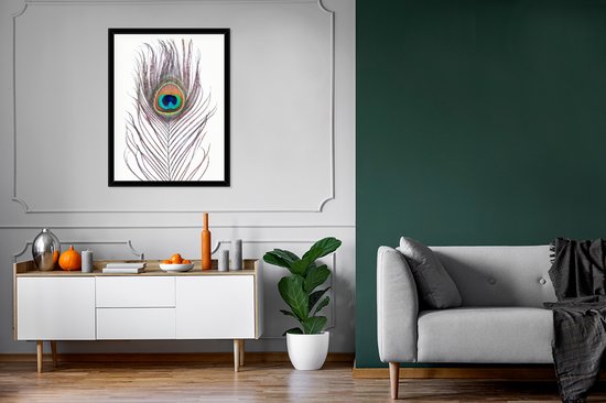 Fotolijst incl. Poster - Pauwenveren - Blauw - Veer - Pauw - Dieren - 60x80 cm - Posterlijst