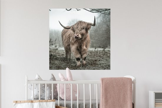 Muurstickers - Sticker Folie - Schotse Hooglander - Bos - Mist - Koe - Dieren - Natuur - 80x80 cm - Plakfolie - Muurstickers Kinderkamer - Zelfklevend Behang - Zelfklevend behangpapier - Stickerfolie