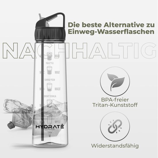 Hydrate® Drinkfles / Waterfles / Sportfles met rietje - 900ml - Met Tijdmarkeringen - BPA-vrij - Zwart