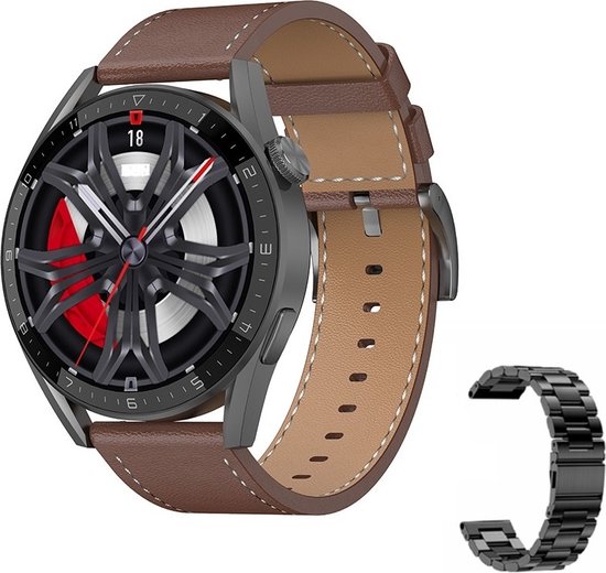 DrPhone ModelX6 – 46MM Smartwatch + Stappenteller – Bluetooth + Belfunctie – Smartwatch 200+ Watchfaces – Hartslagmeter - Leder Bruin