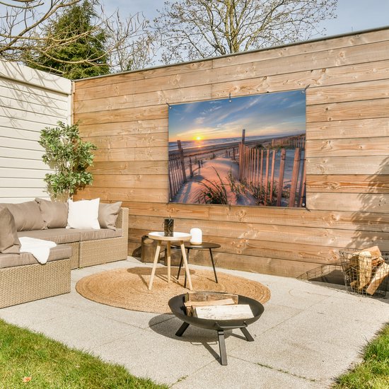 Tuinposter strand - Duin - Zonsondergang - Zee - Natuur - Landschap - Tuindoek - 120x80 cm - Tuindecoratie - Schuttingdoek - Schutting decoratie - Tuin - Tuinschilderij voor buiten - Buitenposter