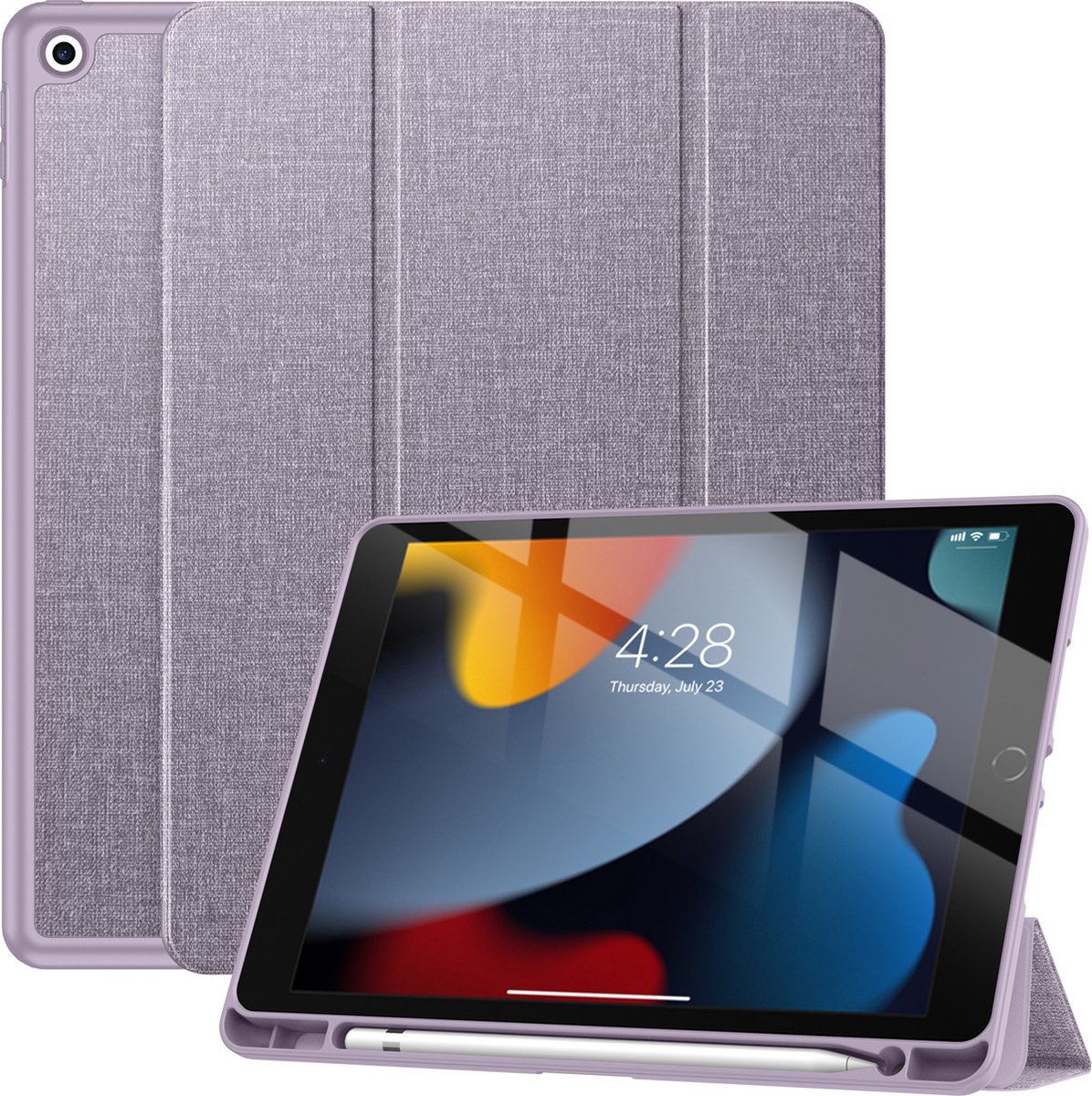 Geschikt Voor iPad 9/8/7 Hoes - 9e/8e/7e Generatie - 2021/2020/2019 - 10.2 Inch - Solidenz Trifold Bookcase - Cover - Case Met Autowake - Hoesje Met Pencil Houder - A2757 - A2777 - A2696 - Paars