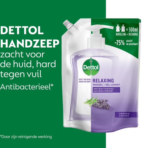 Dettol handzeep navulverpakking met lavendel en 75% minder plastic. Zacht voor de huid, hard tegen vuil.
