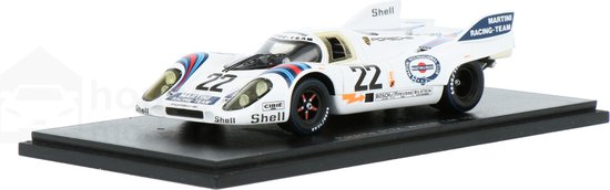 De 1:43 Diecast Modelcar van de Porsche 917K Team Martini Racing #22 Winnaar van de 24H LeMans 1971. De coureurs waren H. Marko en G. van Lennip. De fabrikant van het schaalmodel is Spark modellen. Dit model is alleen online beschik