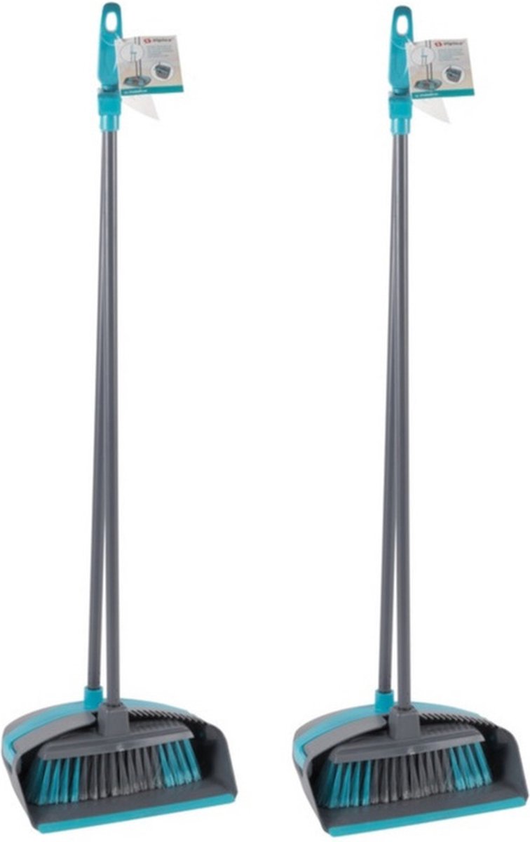 Goedkoopste Set van 2x stuks blauwe stoffer en blik met lange steel 92 cm - Bezem/veger met lange steel