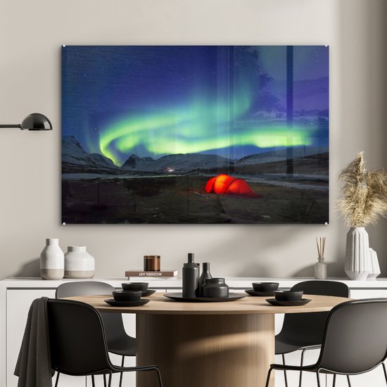 MuchoWow® Peinture sur verre 90x60 cm - Peinture sur verre acrylique - Aurores boréales - Tente - Suède - Photo sur verre - Peintures