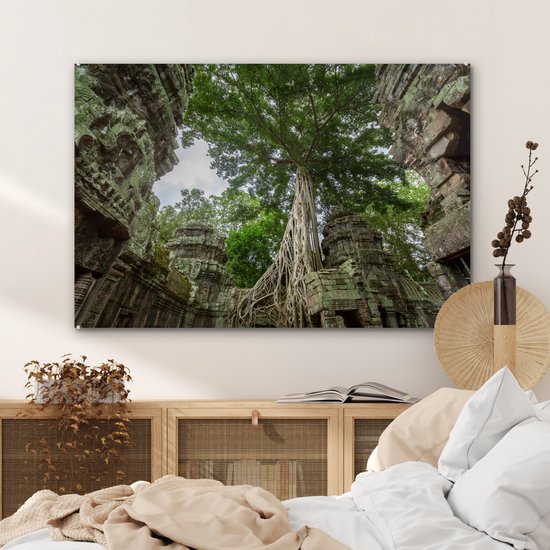 Peinture sur verre MuchoWow® 90x60 cm - Peinture acrylique sur verre - Temple Ta Prohm envahi par la végétation au Cambodge - Photo sur verre - Peintures