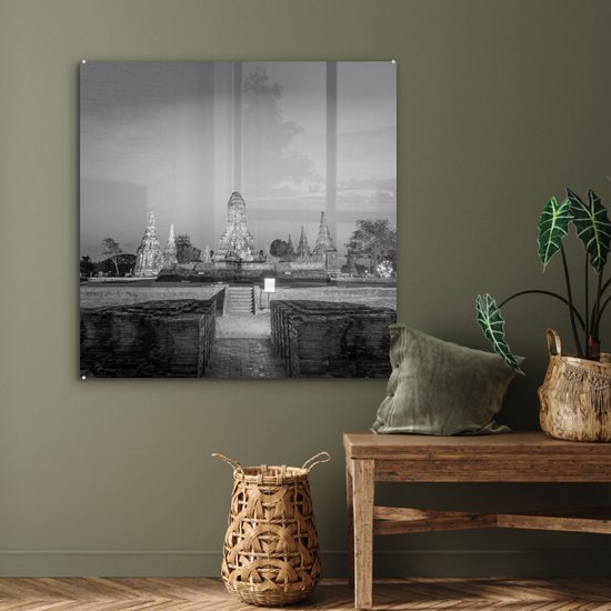 MuchoWow® Peinture sur verre 90x90 cm - Peinture sur verre - Tours Wat Chaiwatthanaram, Thaïlande - Zwart- Wit - Photo sur verre acrylique - Peintures